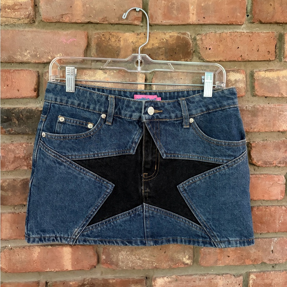 Edikted Denim Mini Skirt with Black Star Accent - Small